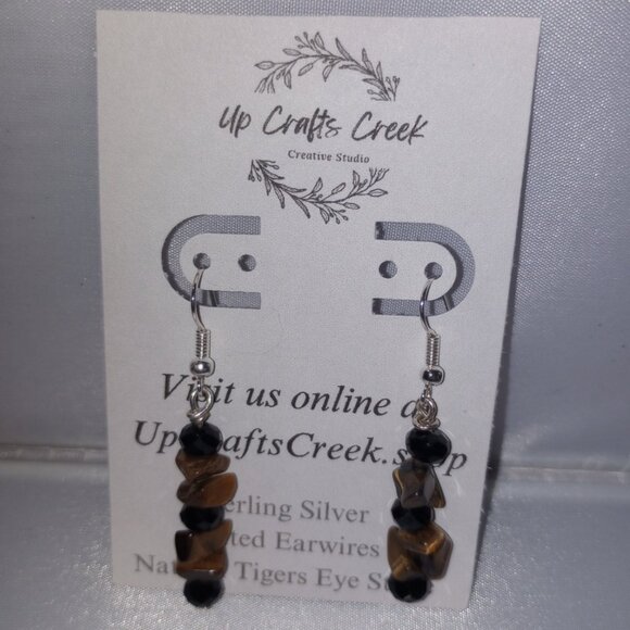 Up Crafts Creek Jewelry - Tiger's Eye Gemstone and Bead Dangle Sterling Silver Plated Earrings